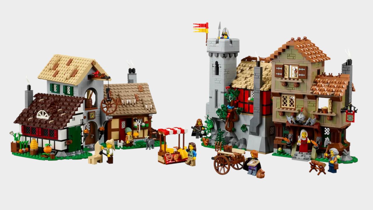 The Lego Medieval Town Square set on a plain background