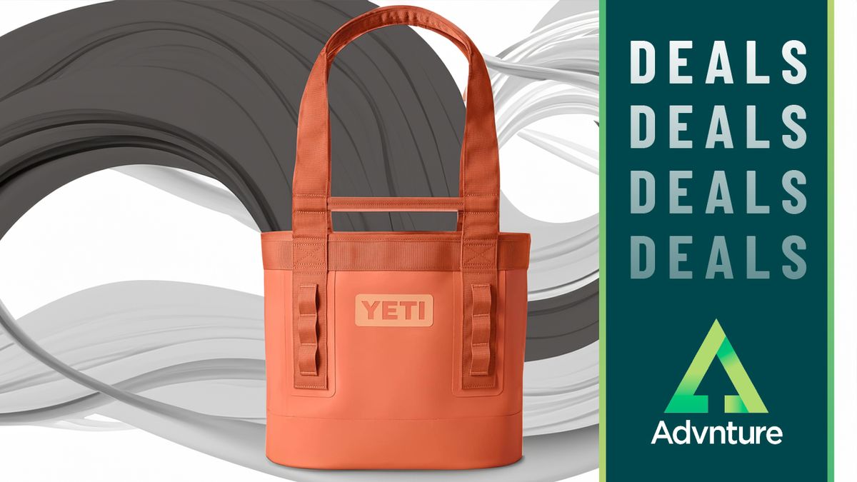 Yeti Camino bag on gray swirl background