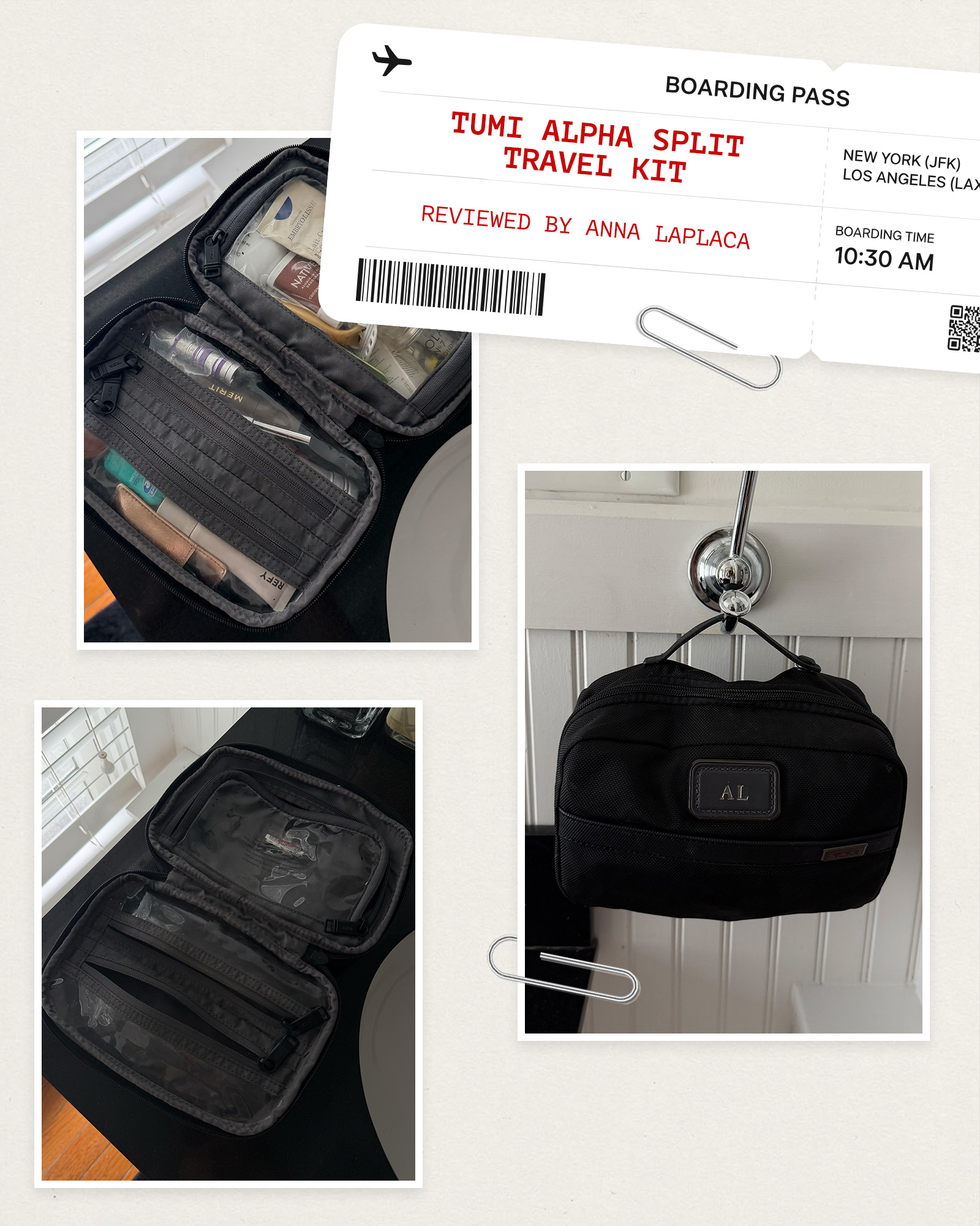 Collage of the Tumi Alpha Split Travel Kit.