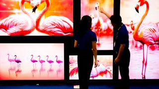 A man and a woman look at bright digital signage of pink flamingos on multiple displays.