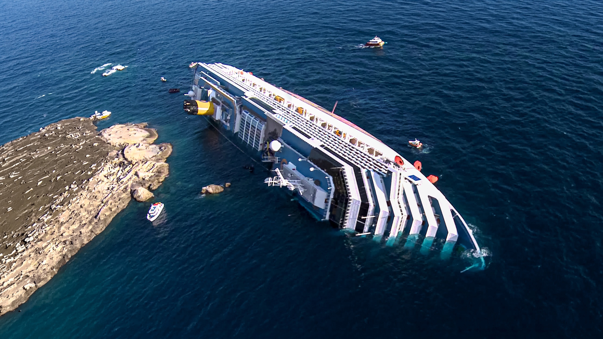The Costa Concordia is shown on its side in Shipwrecked: Nightmare at Sea. 
