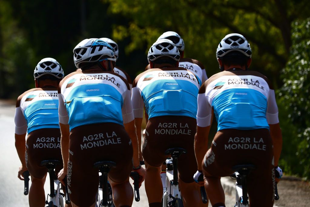 NICE FRANCE AUGUST 28 Romain Bardet of France Mickael Cherel of France Benoit Cosnefroy of France Pierre Latour of France Oliver Naesen of Belgium Nans Peters of France Clement Venturini of France and Alexis Vuillermoz of France and Team Ag2R La Mondiale Jersey Detail view during the 107th Tour de France 2020 Team Ag2R La Mondiale Training TDF2020 LeTour on August 28 2020 in Nice France Photo by Michael SteeleGetty Images