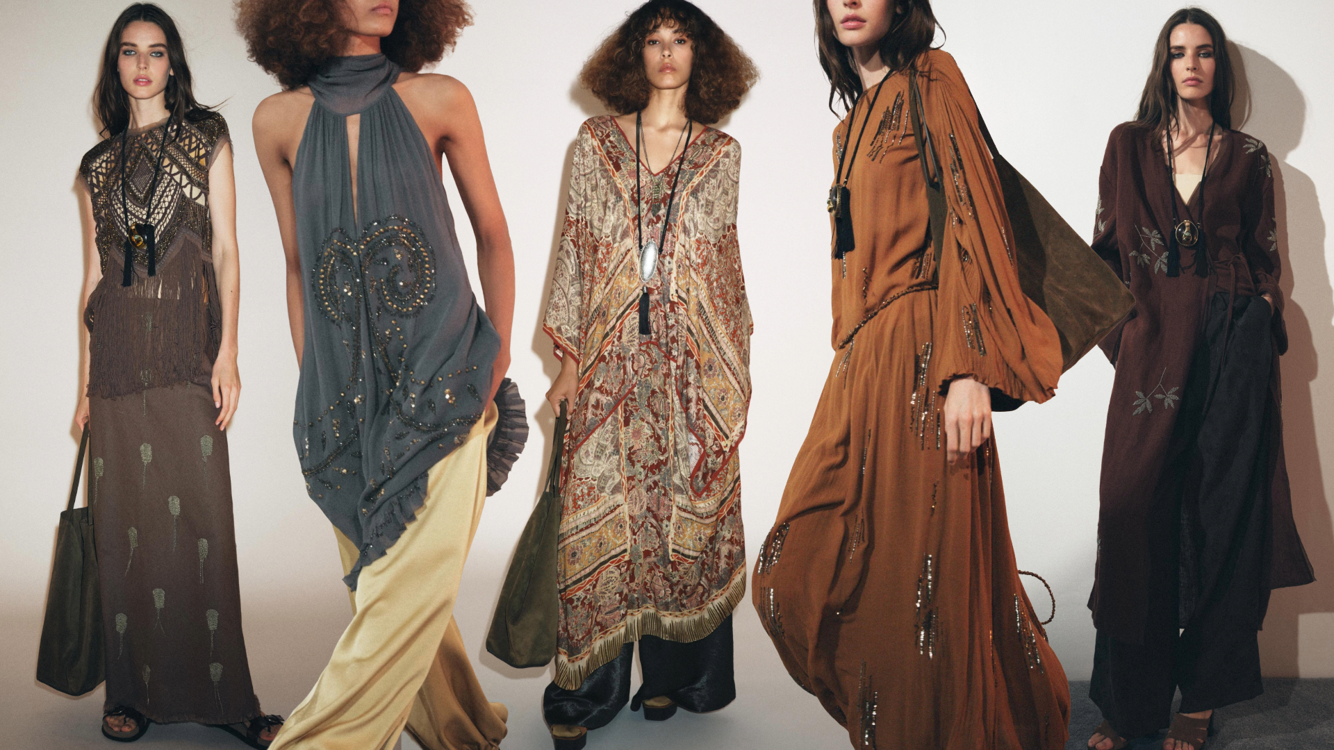 Collage of models wearing Zara&#039;s boho fall collection on a gradient background 