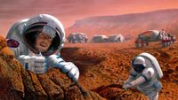 Illustration of astronauts exploring Mars.