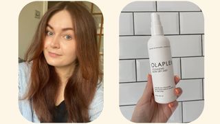 Collage of images showing the Olaplex Volumizing Blow Dry Mist results and the product itself