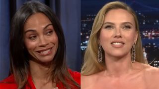 Zoe Saldana on Jimmy Kimmel and Scarlett Johansson on Jimmy Fallon side-by-side in 2025