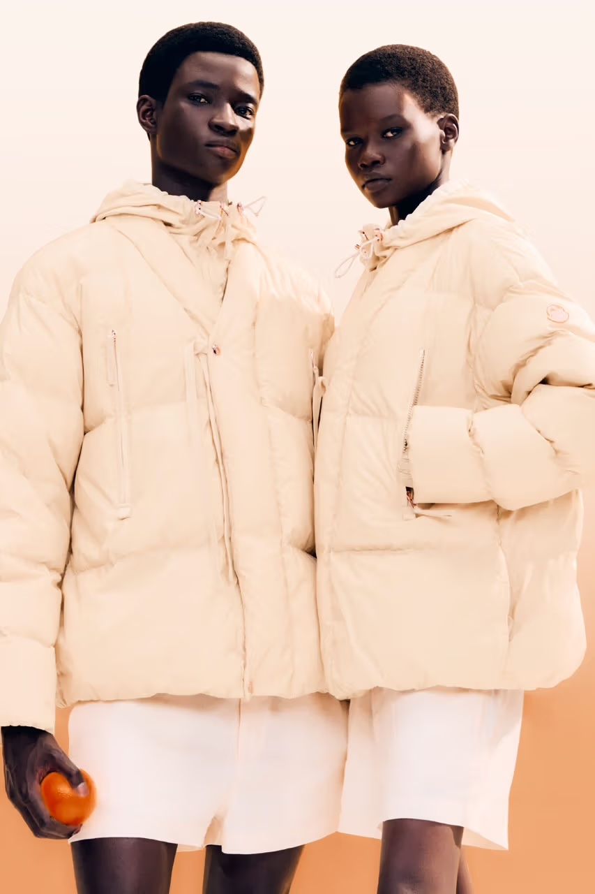 Two models wearing the Donald Glover x Moncler puffer jacket