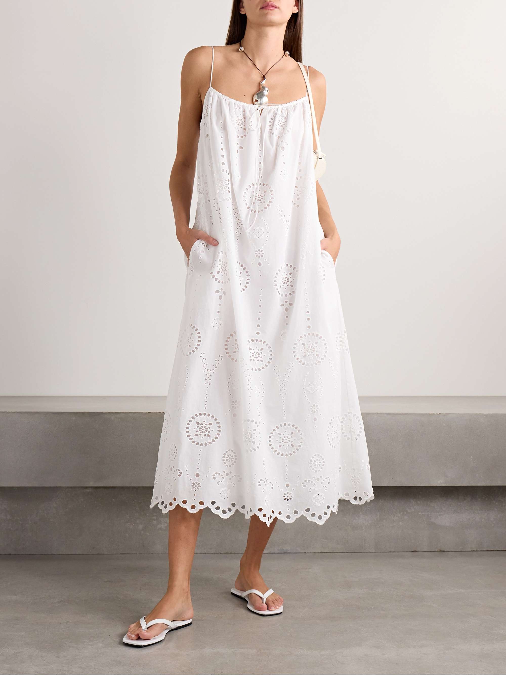Tie-Detailed Scalloped Broderie Anglaise Cotton Midi Dress