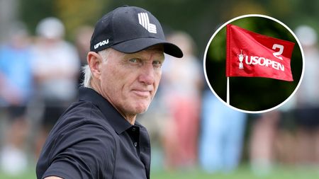 Main image of Greg Norman looking over his right shoulder and small circle image in top right of US Open hole no.2 flag