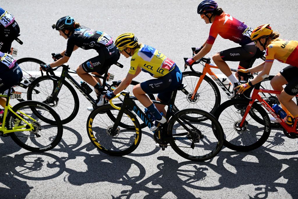 PLANCHE DES BELLES FILLES FRANCE JULY 31 Annemiek Van Vleuten of Netherlands and Movistar Team yellow leader jersey competes during the 1st Tour de France Femmes 2022 Stage 8 a 1233km stage from Lure to La Super Planche des Belles Filles TDFF UCIWWT on July 31 2022 in Planche des Belles Filles France Photo by Dario BelingheriGetty Images