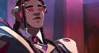 Screenshot from an Overwatch trailer, showing Doctrine, a slick vampire with red glasses and an armored suit.