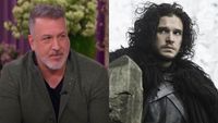 From left to right: Joey Fatone looking seriously to his right while on The Jennifer Hudson show and Kit Harington as Jon Snow giving side-eye looking left in a press image from Game of Thrones.