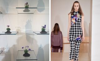 Left, glass shelves with purple flowers in mounds of soil on them. Right, a female model wearing a sleeveless checkered shirt and pants.