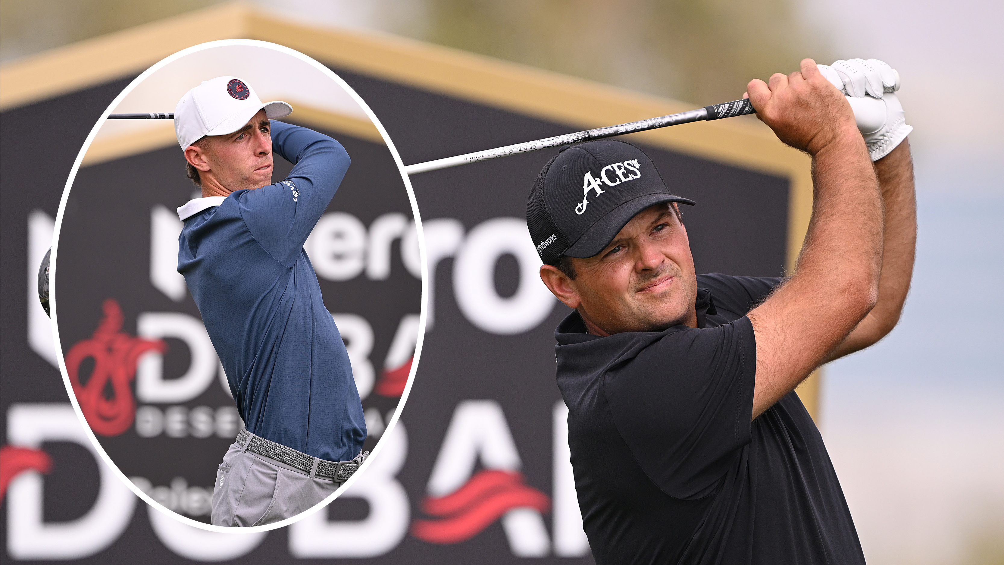 Main image of Patrick Reed hitting a drive in the final round of the 2026 Dubai Desert Classic with an inset image (left) of David Puig