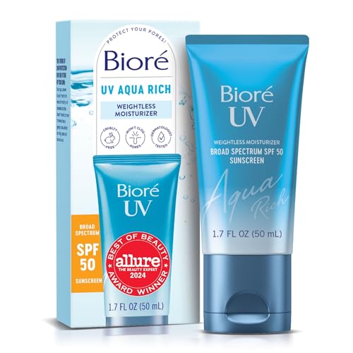 Bior&amp;eacute; Uv Aqua Rich Daily Hydrating Facial Moisturizer With Spf 50 | Oil Free Sunscreen &amp;amp; Primer for Makeup With Hyaluronic Acid, No White Cast, Non-Comedogenic, for Sensitive Skin, Pa++++, 1.7 Oz