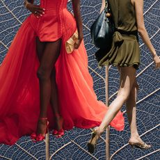 a blue leaf background with visible veins with a black woman's legs in red shoes wearing a red dress and a white woman's legs wearing olive green heels and matching dress