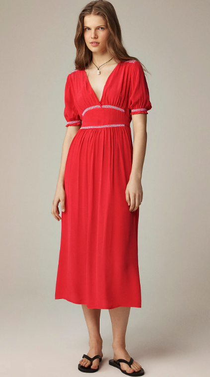J.Crew, Smocked-Trim Midi Dress in Crepe De Chine