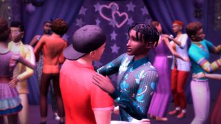 The Sims 4 prom - two sims are dancing in the foreground, while others are dancing behind them against a purple backdrop