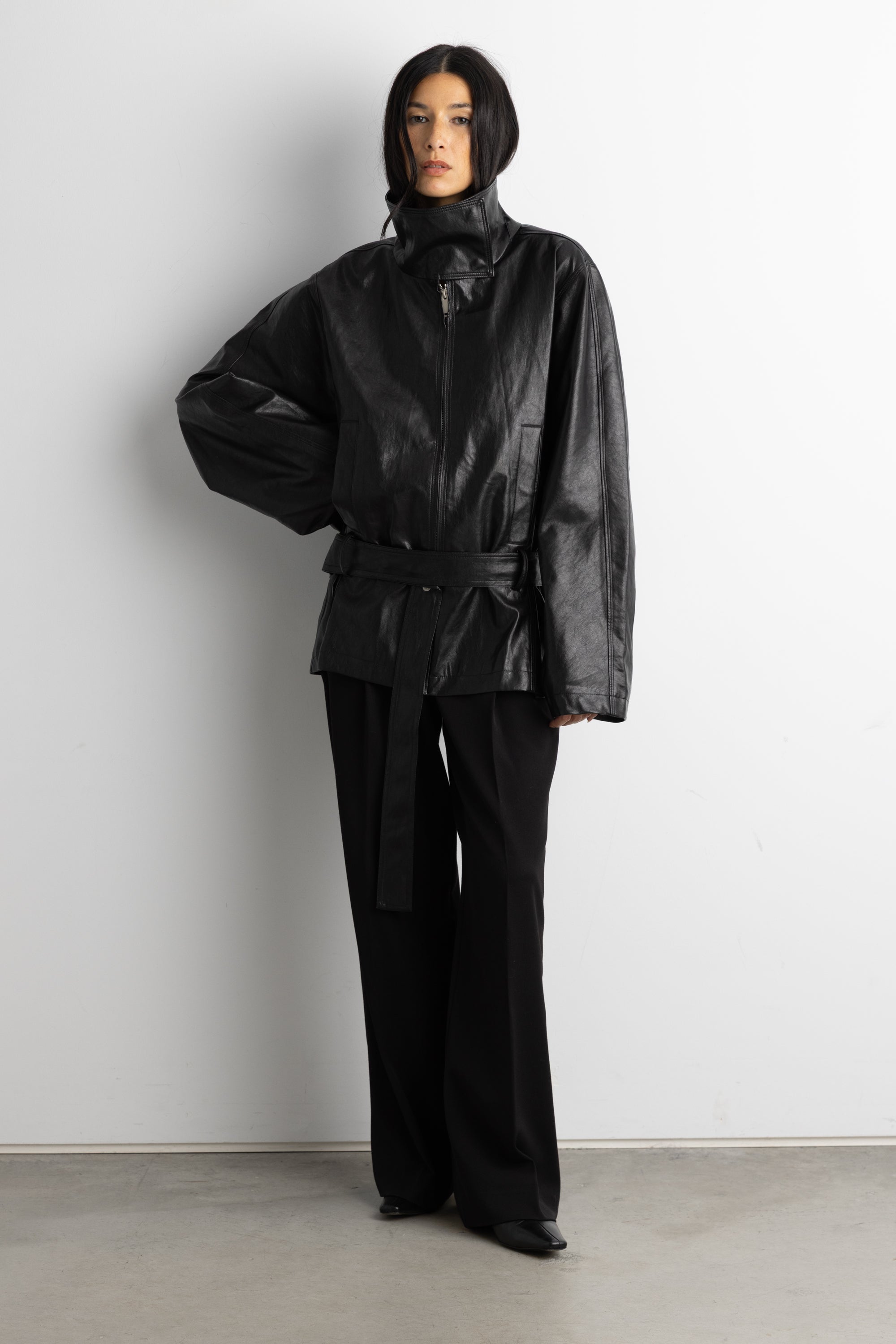 Vegan Leather Funnel Neck Jacket With Belt