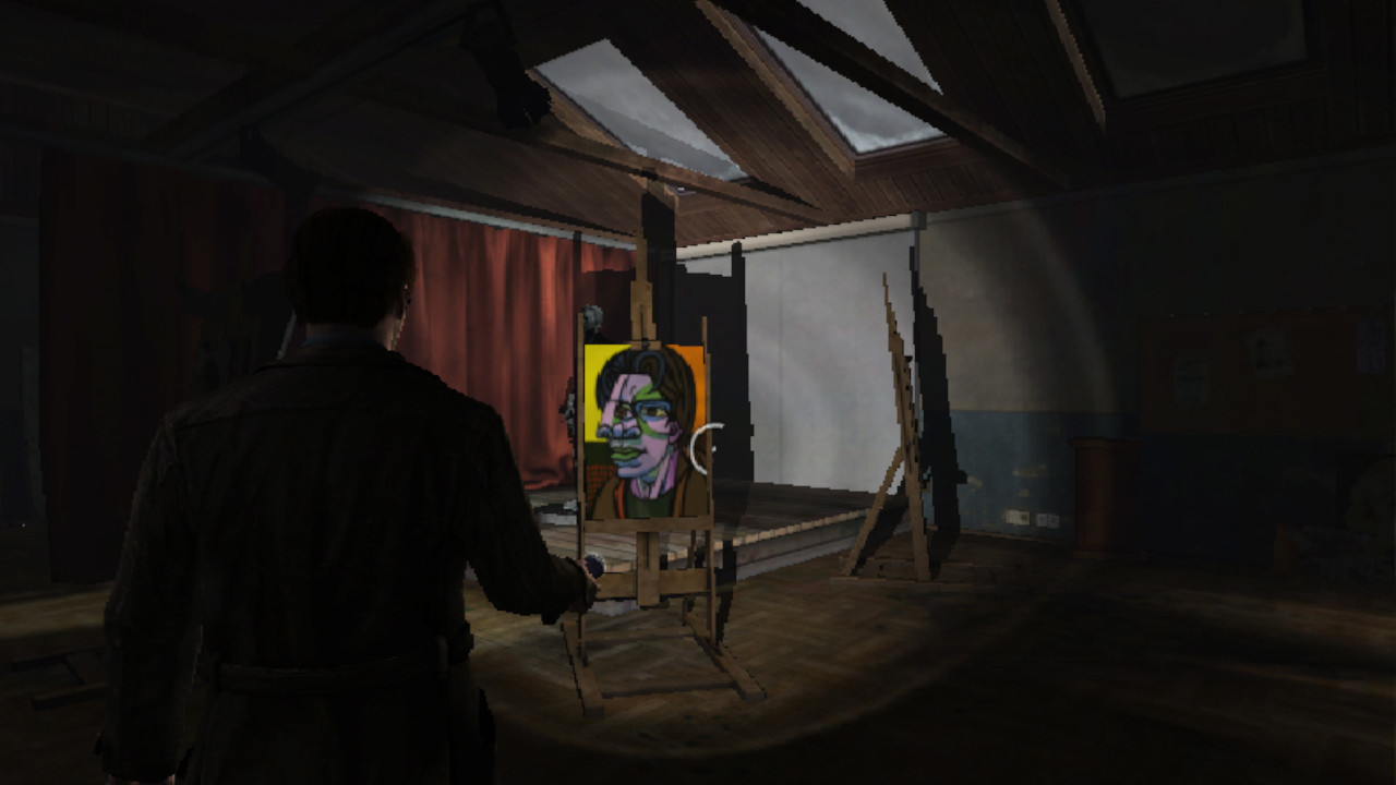 Harry investigates an art room in Silent Hill: Shattered Memories with an abstract portrait of himself