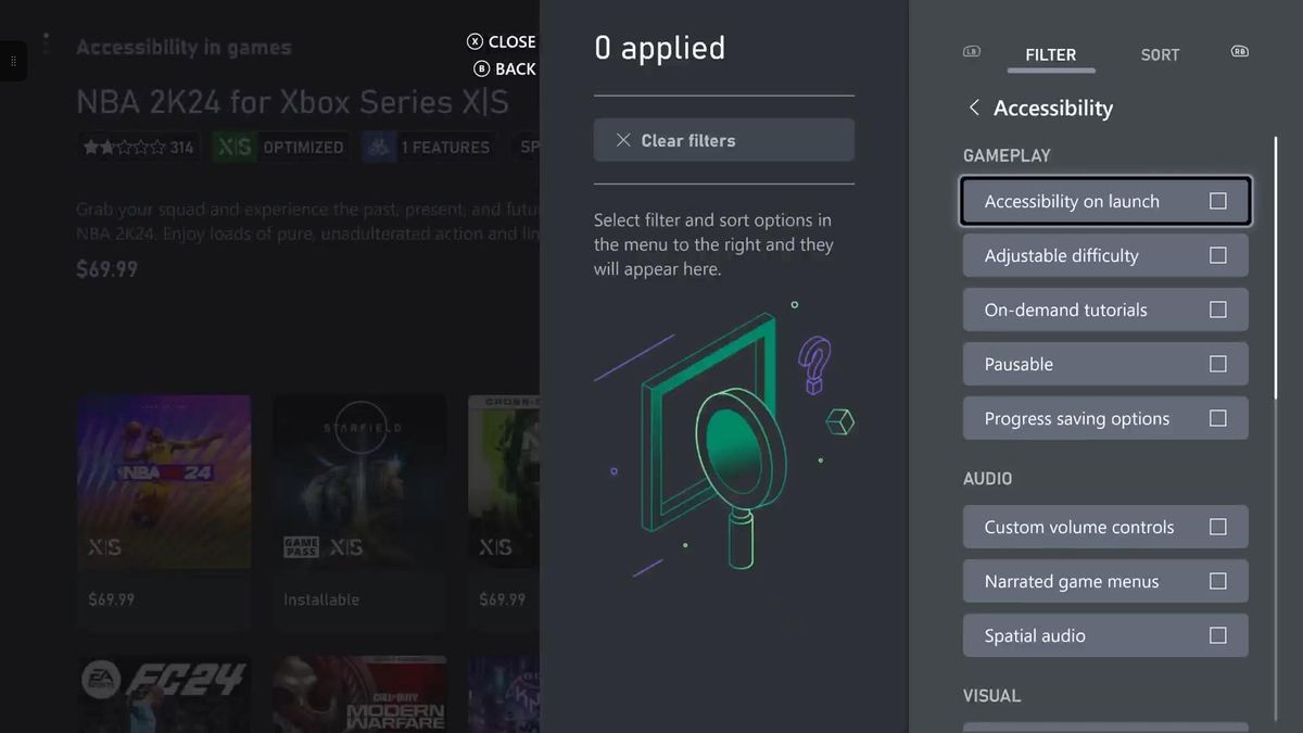 Image of Xbox's Oct. 2023 accessibility update, showing the list of accessibility feature tags in the "Accessibility in Games" channel in the Xbox Store, which players can use to filter games they can play.