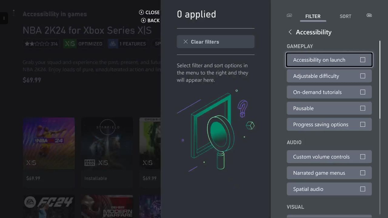 Image of Xbox's Oct. 2023 accessibility update, showing the list of accessibility feature tags in the "Accessibility in Games" channel in the Xbox Store, which players can use to filter games they can play.
