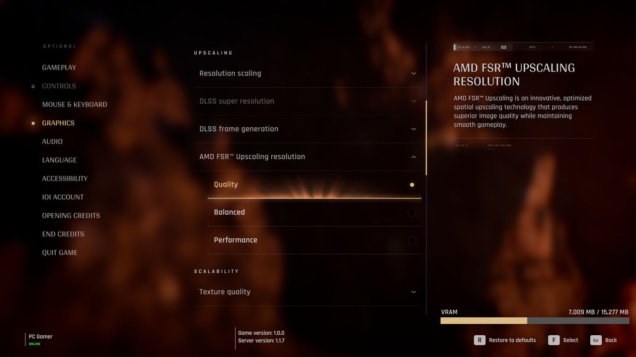 A screenshot of 007 First Light's PC graphics options, showing the choice of upscaling algorithms available