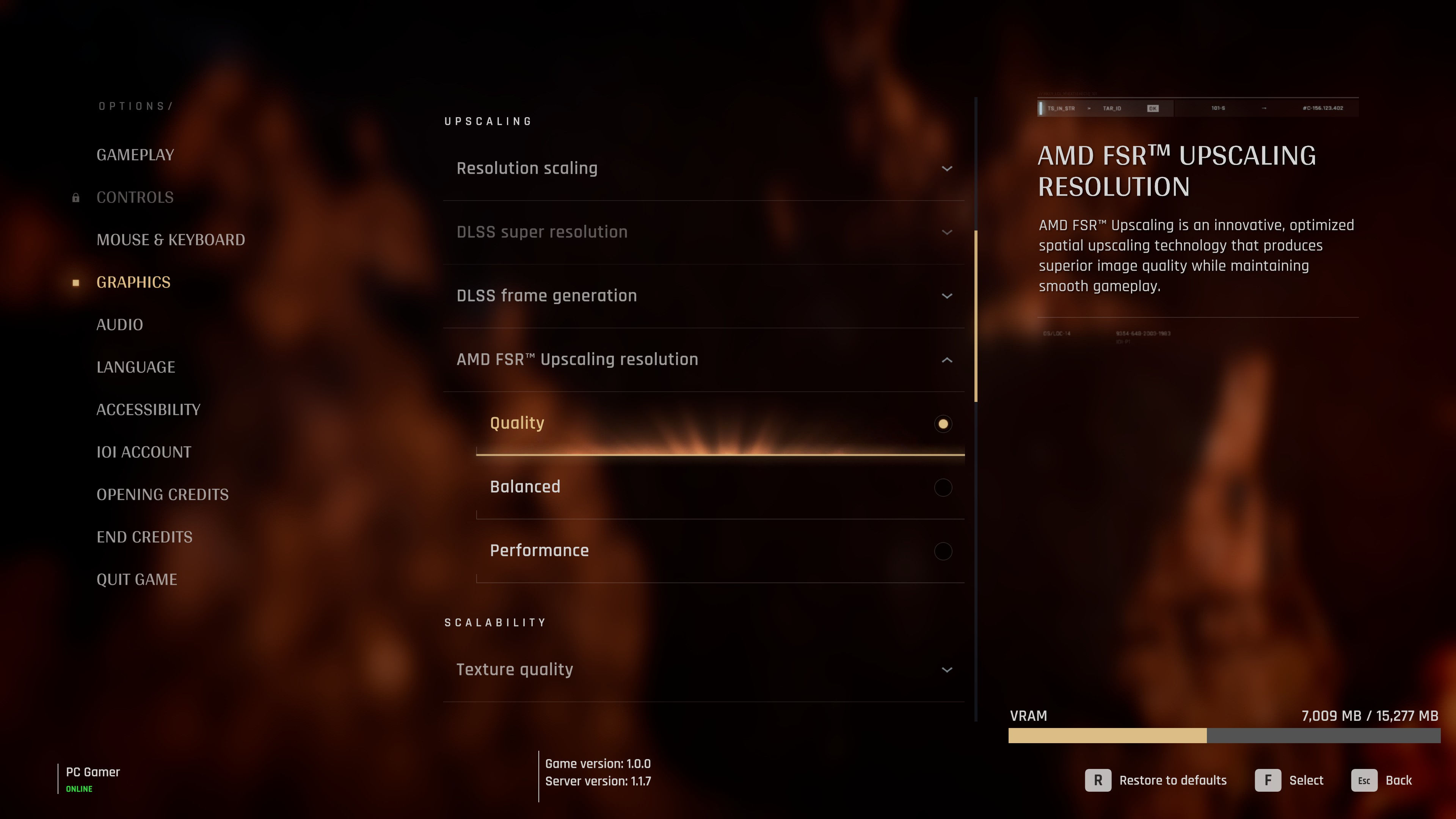 A screenshot of 007 First Light's PC graphics options, showing the choice of upscaling algorithms available