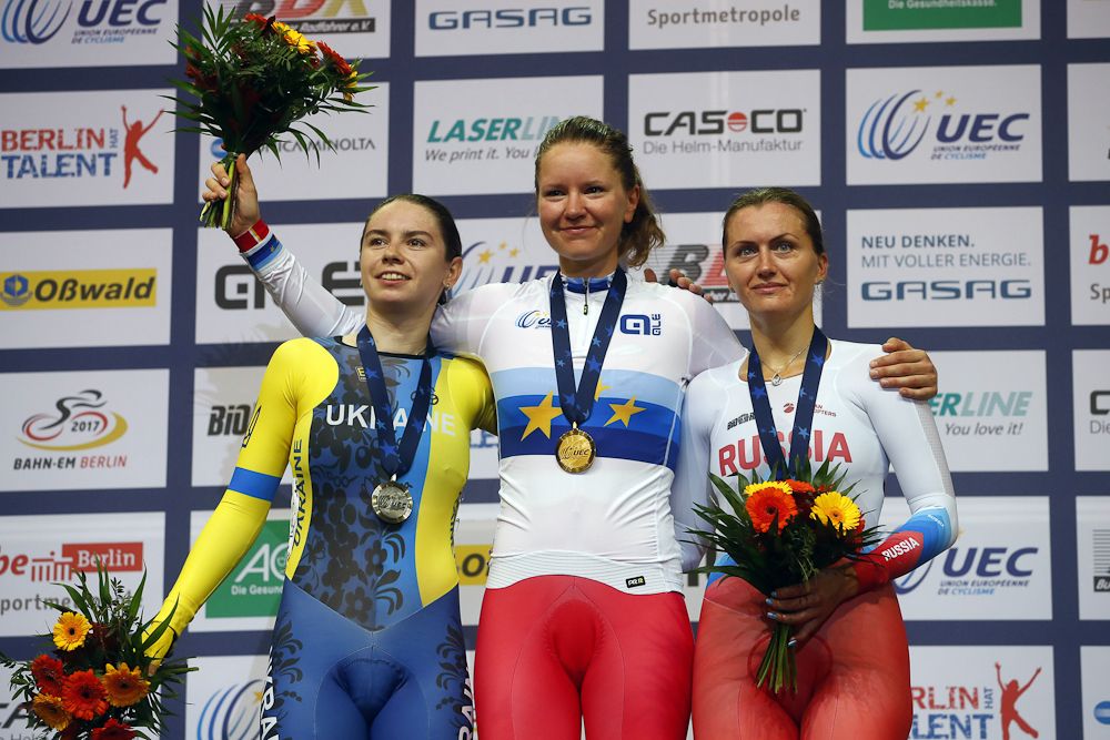 Scratch race podium: Klimchenko, Schmidt and Augustinas