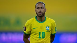 Neymar Jr of Brazil looks on prior to during a match between Brazil and Peru as part of South American Qualifiers for Qatar 2022 at Arena Pernambuco on September 09, 2021 in Recife, Brazil.