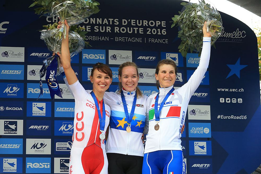 Katarzyna Niewiadoma (Poland), Anna van der Breggen (Netherlands) and Elisa Longo Borghini (Italy) on the European championships podium