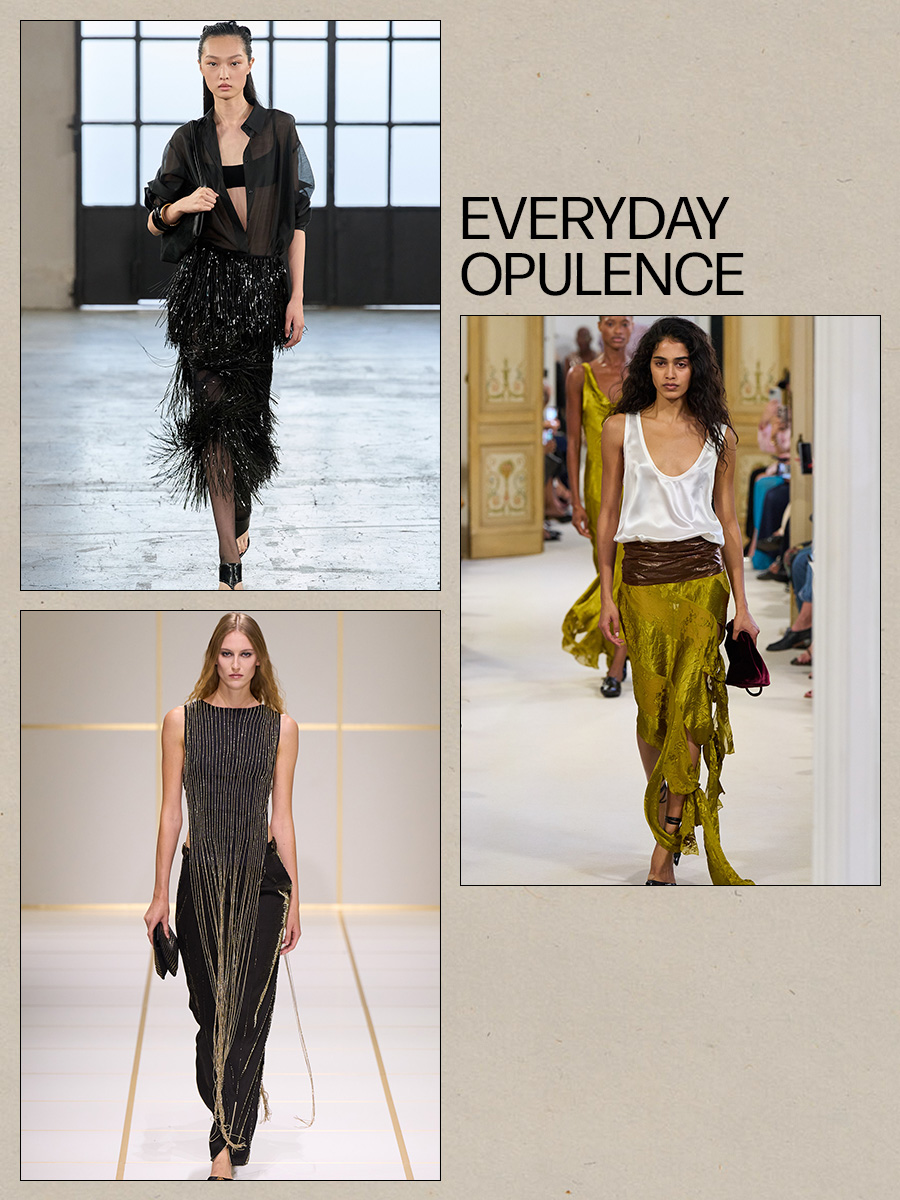a collage of runway images of the major trends from the Milan Fashion Week spring/summer 2027 shows