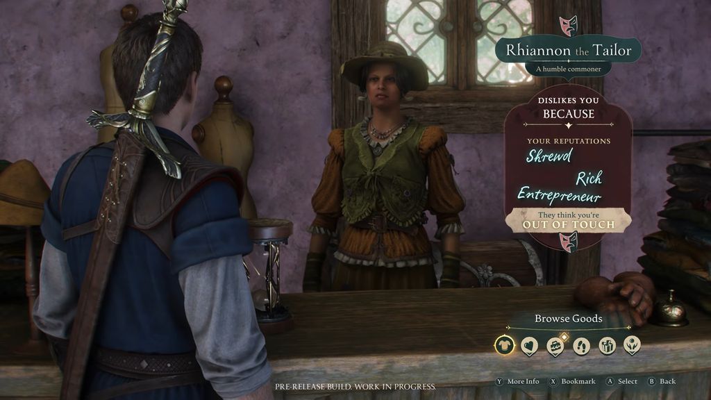 A fantasy-role-playing game scene shows a character at a tailor shop counter. A female NPC, Rhiannon the Tailor, stands opposite, looking displeased.