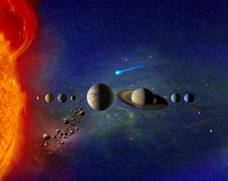 Artist's rendition of our solar system. Not to scale.