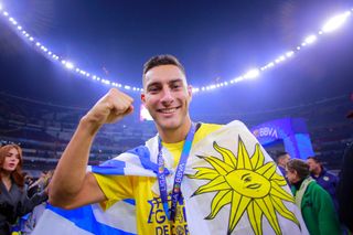 Sebastian Caceres of America celebrates after winning the final second leg match between America and Tigres UANL as part of the Torneo Apertura 2023 Liga MX at Azteca Stadium on December 17, 2023 in Mexico City, Mexico.
