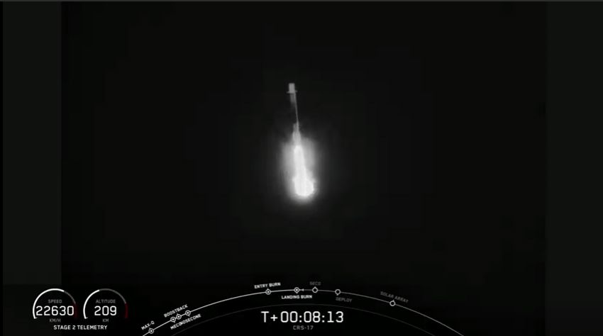 An infrared view of the first stage of a SpaceX Falcon 9 rocket as it returns to Earth for a drone ship landing after launching the Dragon CRS-17 cargo mission to the International Space Station for NASA on May 4, 2019.