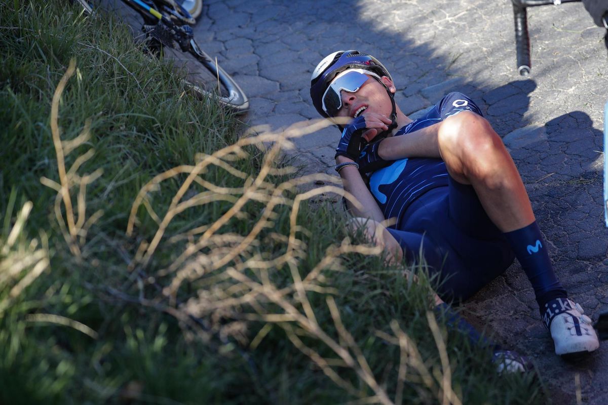 Omloop Het Nieuwsblad 2022 77th Edition Gent Ninove 2042 km 26022022 Crash Movistar photo Dion KerckhoffsCVSprintCyclingAgency2022
