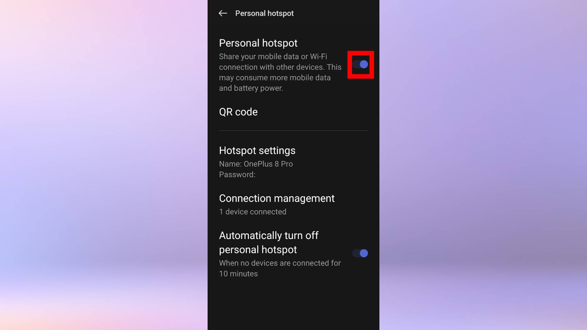Screenshot of the Personal Hotspot settings menu on an Android phone.