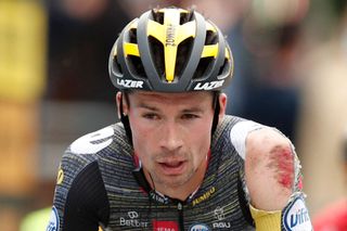 Team Jumbo Vismas Primoz Roglic of Slovenia reacts as he crosses the finish line of the 3rd stage of the 108th edition of the Tour de France cycling race 182 km between Lorient and Pontivy on June 28 2021 Photo by BENOIT TESSIER POOL AFP Photo by BENOIT TESSIERPOOLAFP via Getty Images