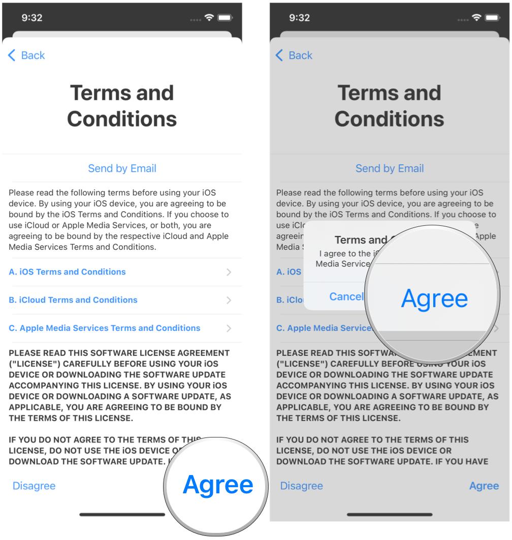Erstellen Sie eine neue Apple-ID auf dem iPhone, indem Sie Folgendes anzeigen: Stimmen Sie den Nutzungsbedingungen zu, tippen Sie zur Bestätigung erneut auf „Zustimmen“.
