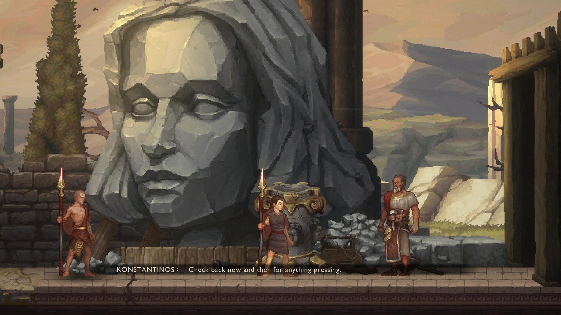 Kratos and Deimos speak with Konstantinos in God of War: Sons of Sparta in front of a sculpted face