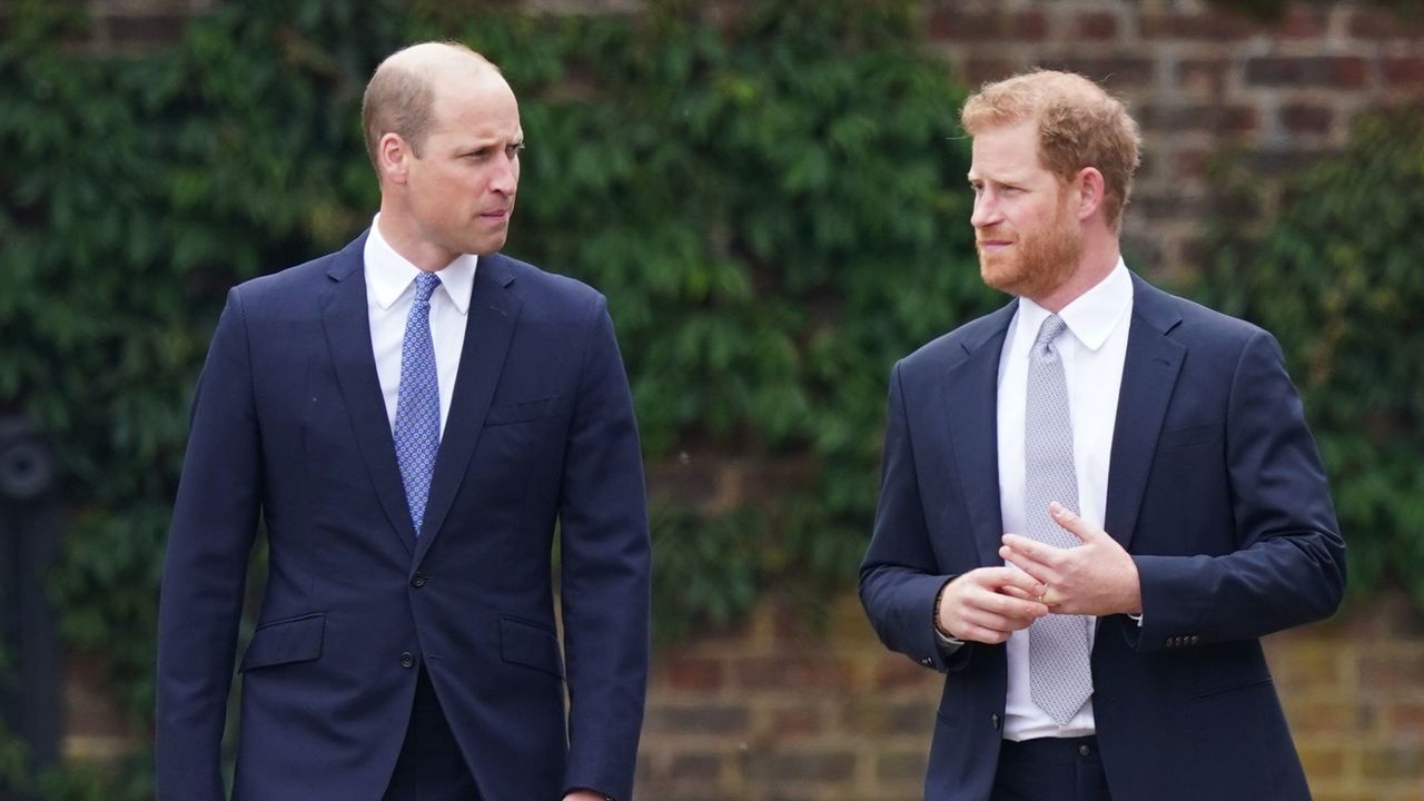 Prince William and Prince Harry, Duke of Sussex arrive for the unveiling of a statue they commissioned of Diana, Princess of Wales, in the Sunken Garden at Kensington Palace