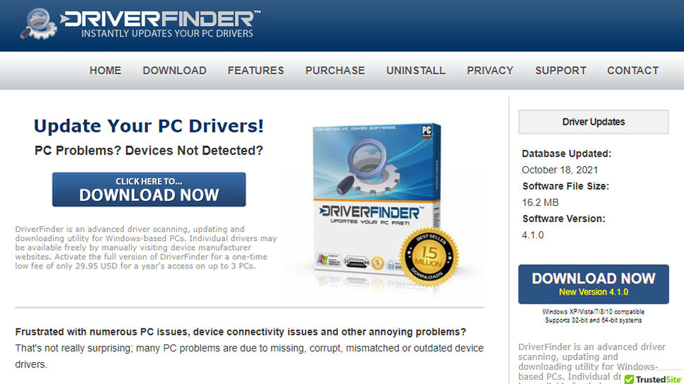 Website screenshot of DriverFinder