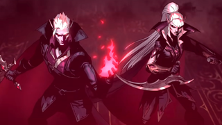 Two vampires stand menacingly in V Rising, a vampiric survival game by Stunlock studios.