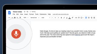 A laptop showing the Google Docs voice typing interface