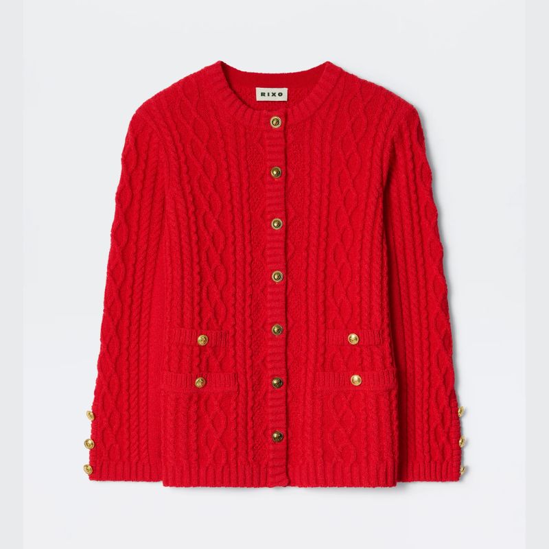 A red cardigan with gold buttons by Rixo