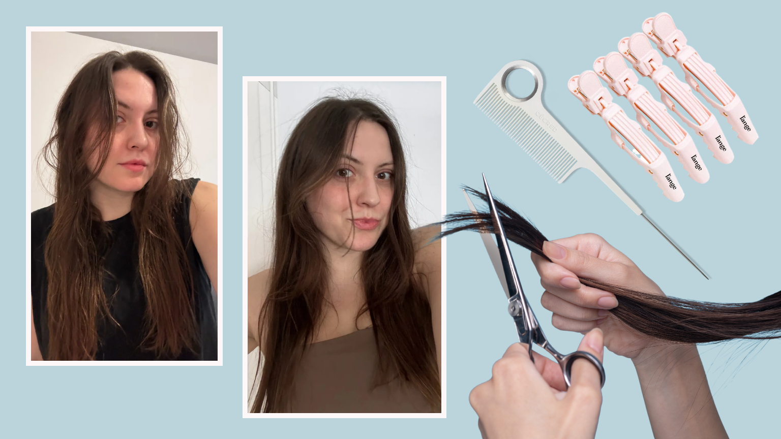 haircut at home collage of a woman with brown hair on a blue background with hands holding scissors cutting hair
