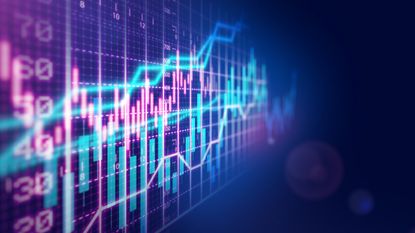 Screen displays chart with colorful lines tracking the ups and downs of stock trading.