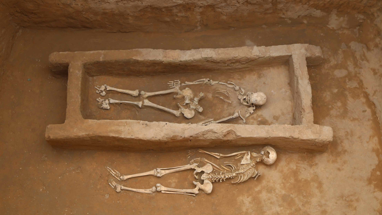 a human skeleton in a walled burial with another human skeleton outside the burial