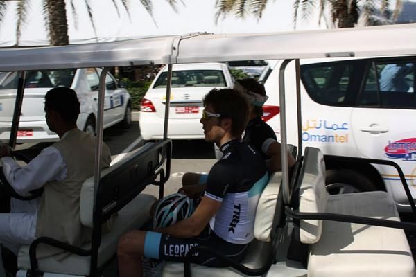 Leopard Trek's Maxime Monfort arrived for his ride in a buggy.